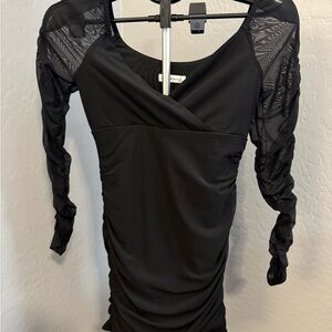 EUC- XS Hollister Black Ruched Mesh Sleeve Bodycon Mini Dress
